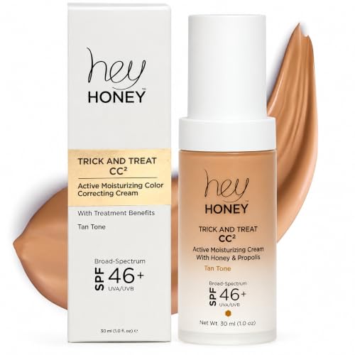 Hey Honey Trick and Treat Moisturizing CC Cream SPF 46, Mineral Sunscreen Color Correcting Foundation for Redness, Rosacea and Mature Skin, Honey and Propolis, Shade Adjusting, 1 oz (Tan)