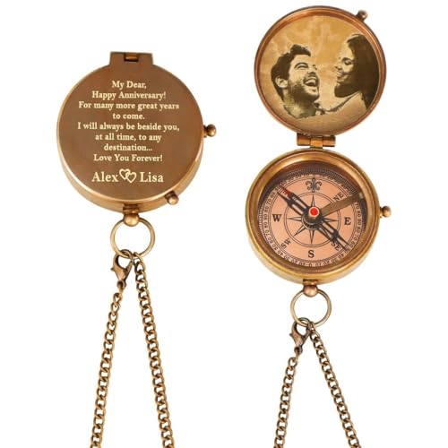 Brújula Personalizada de Bolsillo de Latón Grabada con Foto para Hombre con Estuche de Cuero y Caja de Madera – Regalo para Esposo, Papá, Hijo o Novio miniatura 4