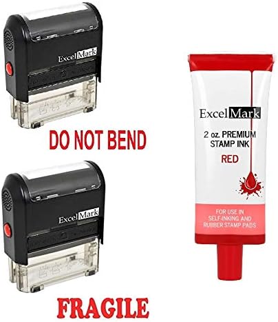 Fragile and Do Not Bend Self-Inking Rubber Stamps - Red Ink with Extra 2 oz. Refill Ink