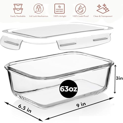 Image of Razab 4 PC 1860ml / 63 Oz / 8 Cups Large Glass Food Storage Containers with Lids - Glass Meal Prep Containers for Roasting & Storing Leftover, Lunch Container with Lids, Microwave & Oven Safe