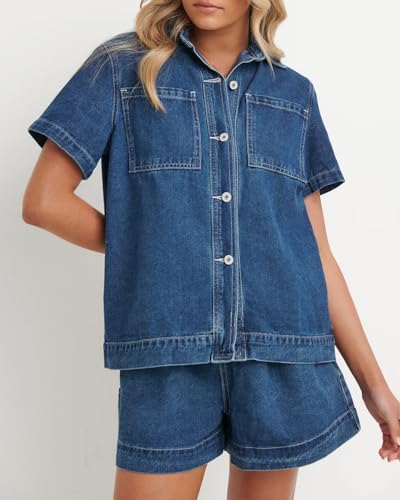 Kedera Summer Denim Set for Women 2 piece Casual Short Sleeve Boxy Shirt Tops and Shorts Pants Lounge Sets Outfits4