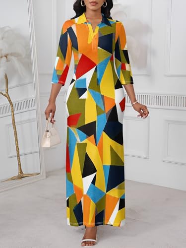 Image of PinkPatty Women's Casual 3 /4 Sleeve Polo V Neck Bodycon Maxi Dress | Semi formal, modest style, long fitted, versatile for church, work, business, office and daily wear