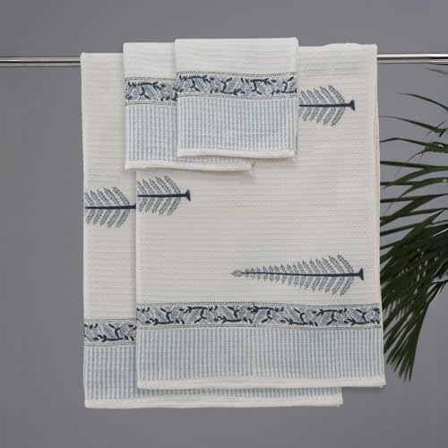 Image of Peepul Tree Block Printed Hand and Bath Towels, Super Absorbent, Soft & Faster Drying, Floral Printed 100% Pure Cotton, 240 GSM (2 Hand 2 Bath Towel Set, Blue)