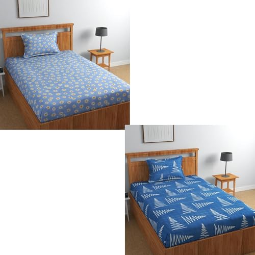 Image of Glace Cotton 220 tc Flat Single Bedsheets Combo Pack of 2 Bed Sheet for Breathable | Wrinklefree Super Soft (Size-60 X 90 Inch) with 2 Pillow Covers (Size-17 X 27 Inches) - Dark&Light Blue