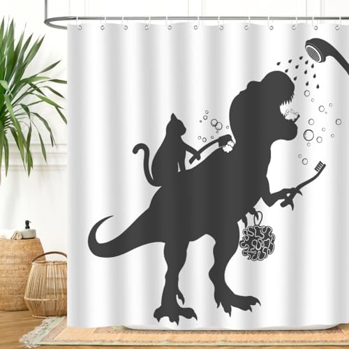 Image of Cat Dinosaur Shower Curtain Funny Cartoon Cat Dino Bathe for Kids Boys Trex Silhouette Shadow Black White Design Artwork Bathroom Decor Waterproof Fabric 72Lx72W Inch with Hooks