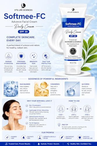 Image of Softmee-FC Advance Facial Cream, SPF 30, with Niacinamide & Ceramides, Non-Comedogenic, 60g