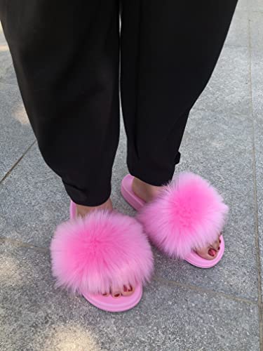 Image of Women's Faux Fur Slides, Open Toe Cute Fur Slippers, Indoor or Outdoor Comfortable Furry Slide Sandals With Fluffy Fur