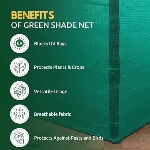 Image of Multipurpose Green Shade Net for Garden Balcony, Agriculture, Parking Sun Protection Shade Sail Plant Netting - 85-90% Sun Block with Niwar Stitched - High Density (10 x 80 ft)