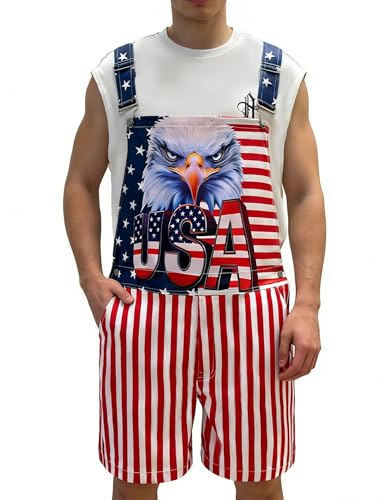 Bindefon Bibs Overalls Men Adjustable Straps Coveralls Shorts Printed Jumpsuit Male Romper(American Flag L)