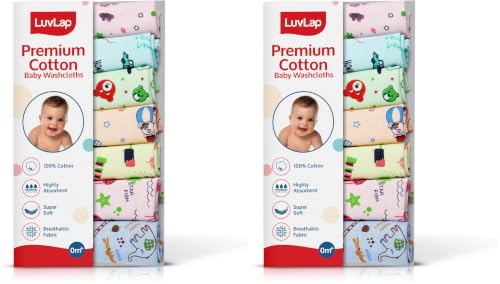 Image of LuvLap Hosiery Cotton Cloth Premium Baby Washcloth for New Born, Washable, Reusable, Absorbent, Extra Soft Face Towels /Washcloth for Babies, Starfish Print, Pack of 14 Pcs, Multicolour