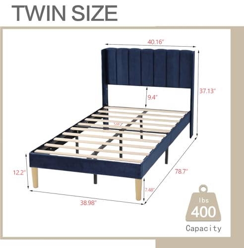 Image of AGARTT Upholstered Platform Bed Frame Twin Size, Blue Velvet