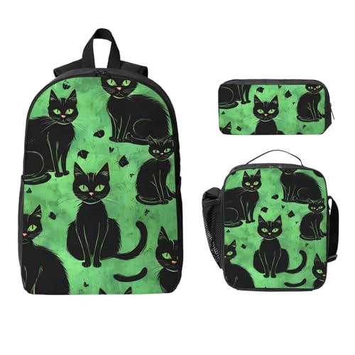 Cartoon Cat print Backpack Bookbag for Daily Use,3 Pcs Backpack Set with Lunch Box and Pencil Case2