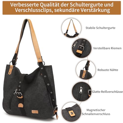 KONO Damen Rucksackhandtaschen Rucksack Canvas Handtasche 2 in 1 Vintage Damen Umhängetasche Verstellbare Schultergurte für Alltag Büro Schule Ausflug Einkauf(Schwarz)