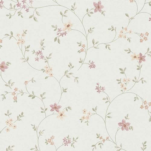 A.S. Création Maison Charme Vliestapete mit floralem Muster Blümchen 0,53 x 10,05 m – Creme, Grün, Bunt – Blumentapete Made in Germany – 937701
