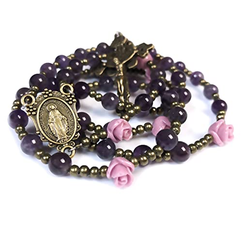 Purple Amethyst Stone and Lavender Rose Rosary Beads with Miraculous Medal Centerpiece - Catholic Gift for Women