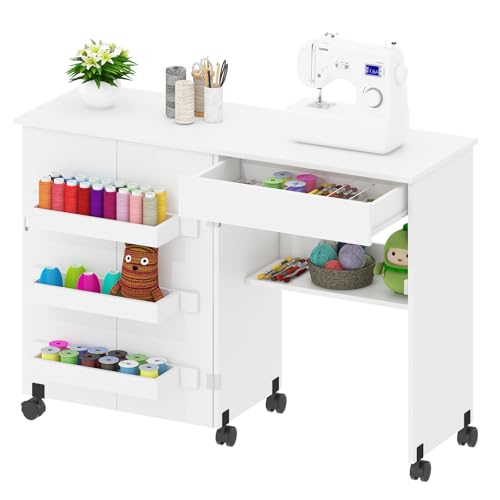 Sewing Table Sewing Machine Desk w/Open Storage Shelf Drawer Rolling Caster