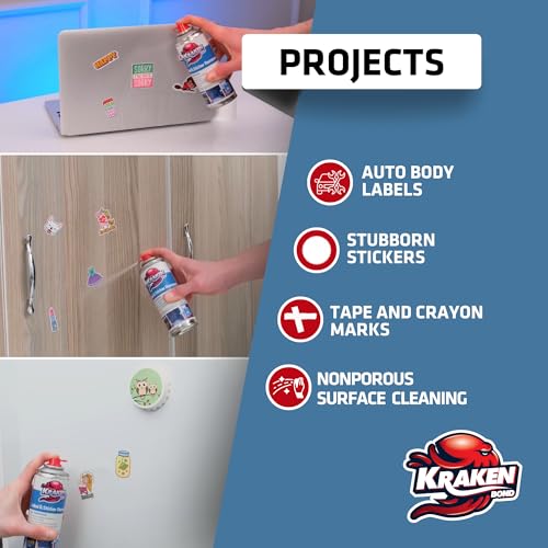 Image of KRAKEN BOND Label & Sticker Remover Spray - (12x5oz) Quick-Dissolve Adhesive Remover Spray with Citrus Scent, Removes Tar, Tape & Bumper Stickers on Multiple Surfaces, No Damage to Paint, 12 Pack