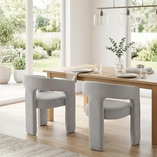Image of HNY Modern Barrel Kitchen & Dining Room Chairs Set of 2, Chenille Upholstered Accent Chairs with Arm, 18.5'' Wide Side Armchairs Vanity Chairs for Living Room Bedroom Makeup Small Spaces, Grey