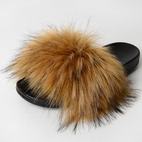 Image of MH Bailment Womens Furry Fluffy Slippers Faux Fur House Slippers Open Toe Fuzzy Slides Soft Flat Slip On Sandals for Indoor Outdoor