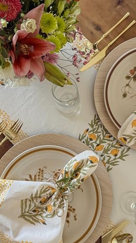 Image of Table Runner 100% Cotton Linen - Spring Block Print Collection - Elegant Boho Vintage Floral Farmhouse Decor - Dining Living Room Kitchen Bedroom - 72 inch 4 - 6 Seater - Yellow Bloom Sicily