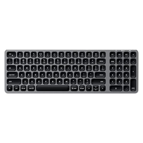 SATECHI Teclado Inalámbrico 𝗤𝗪𝗘𝗥𝗧𝗬 𝗨𝗦, Teclado Bluetooth en Aluminio, Multi Dispositivo, Retroiluminado y Recargable, para Mac, Windows y Android (Gris, Distribución Americana)