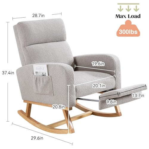 Image of HCHAIRH Rocking Chair Nursery with Foot Rest, Teddy Nursing Rocking Chairs for Mom Nursery, Rocker Glider Chair with Footrest for Living Room, Bedroom, Light Gray
