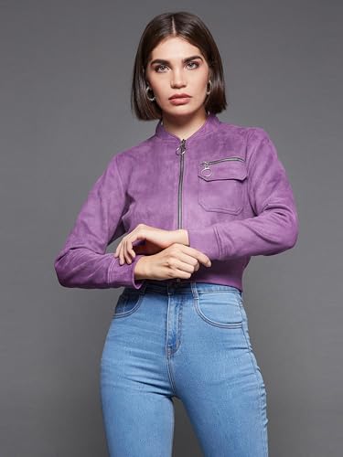 Image of Miss Chase Women's Off White V-Neck Full Sleeves Bomber Cropped Jacket