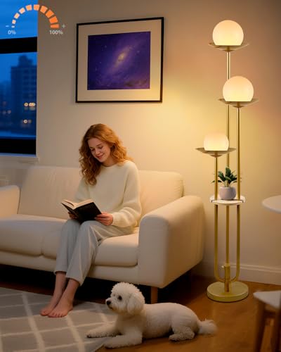 Image of Lightdot 3-Light Globe Floor Lamp with Shelf Modern Dimmable Floor Lamps for Wedding /Party, 3000K Warm White Bulbs Included, Gold Tall Standing Lamp for Living Room /Bedroom /Sofa Beside /Corner Decor