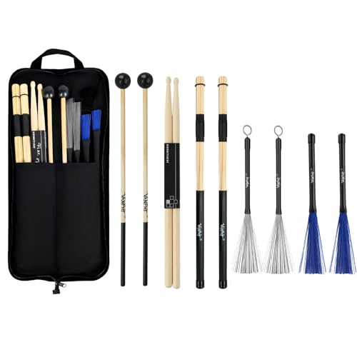 VANPHY Drum Stick Bag Set Include 5 Pair Drum Sticks Mallets Brushes Set with Portable Storage Bag Percussion Instrument Accessories for Jazz Acoustic Drummer Practice, Rock Band, Students Black