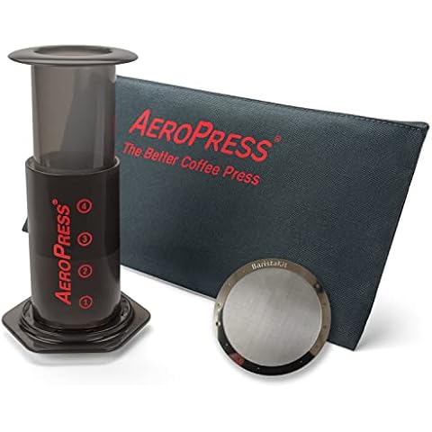 Aeropress with tote bag and BaristaKit Stainless Steel Reusable Filter Cover