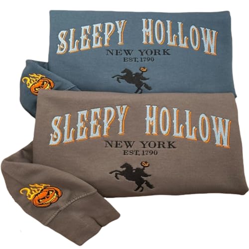 Sleepy Hollow Embroidered Sweatshirt – Headless Horseman Halloween Crewneck, Pumpkin Flame Sleeve Embroidery, Cozy Fall Spooky Season Sweater Gift for Her & Him Multi