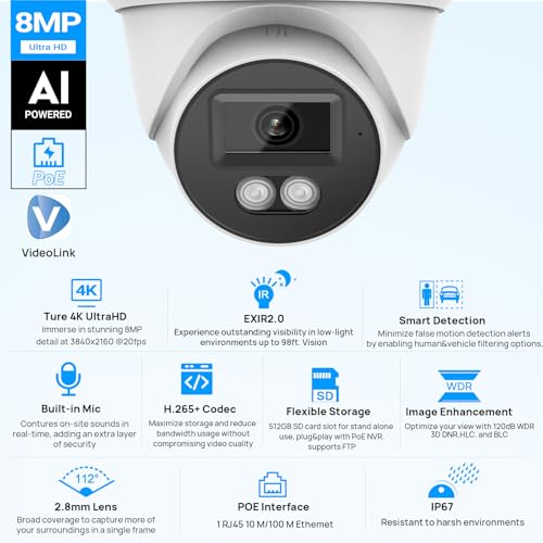 Image of VIKYLIN 8MP PoE IP Camera Outdoor, 4K PoE Security Turret Camera with Human /Vehicle Detection, 2.8mm Lens, 98ft EXIR 2.0 Night Vision,4K@20fps,Built-in Mic,512GB Card Slot, Blue Iris, NDAA Compliant