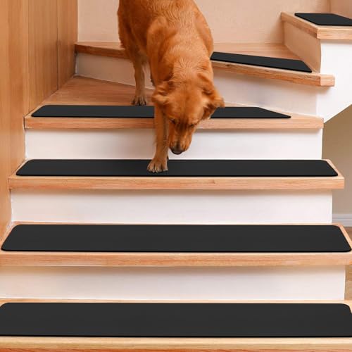 Image of Stair Runners for Wooden Steps Non Slip, Absorbing Black Stair Treads Stair Rugs for Pet, Kids and Elderly, Reusable Carpet Step Pads Stair Mats Set of 15