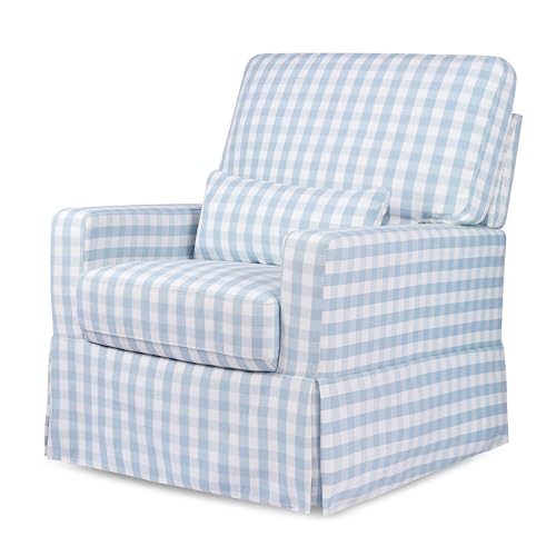 Image of Namesake Crawford Glider Recliner, Blue Gingham | 360 Swivel Ultra Cozy Glider Rocker for Feeding & Relaxing w / Lumbar Pillow - GREENGUARD Certified - For Nursery /Living Room