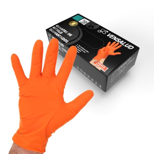 VENSALUD Lot de 50 gants en nitrile diamantés - Extra solides et résistants - Pour ateliers mécaniques, jardinage, cuisine, montage, vétérinaire, nettoyage | sans latex | Orange | M