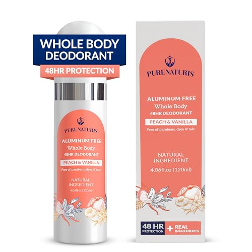PureNaturis Whole Body Deodorant Spray Contains Natural Ingredients, Deodorant for Women & Men | 48HR Protection, Aluminum Free Nautral Deodorant Spray | Large Bottle 4.05 Fl Oz (Peach & Vanilla)