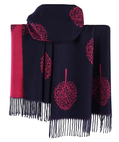 Écharpe d'hiver réversible épaisse bleu marine rose imprimé mûrier