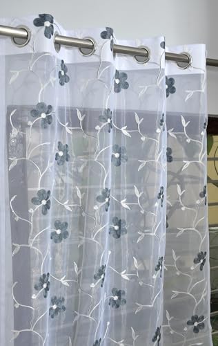 Image of Embroidered Floral Sheer Net Curtain for Window - 5x4 Feet - Transparent Grey Net Curtain - Pack of 1 - Elegant Lightweight Decor for Living Room & Bedroom