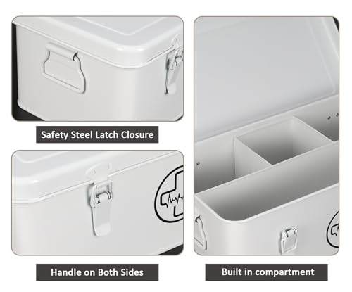 Image of First Aid Box, First Aid Kit Supplies Bin, First Aid Organizer Medicine Storag Box, Metal Storage Box with Safety Lock for Home Emergency Tool Se - White