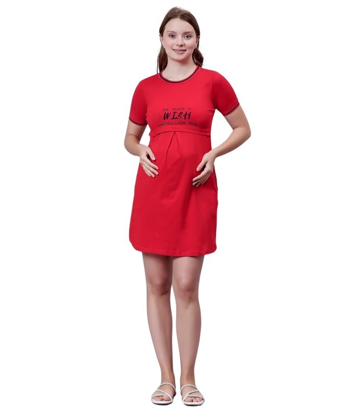 True Shape Maternity Dresses for Women Cotton | Stretchable Zipless Feeding Loungewear Kurta with Side Pockets in Knitted Hosiery for Pre & Post Partum(TSH-010-L, Red)