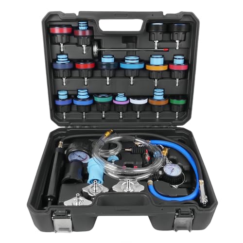 CXPRO 28pcs Universal Radiator Pressure Tester Kit, Tester Pneumatic Vacuum Cooling System Purge Refill Leak/Refiller Set, Universal Automotive Domestic/Import Vehicles, Motorcycle