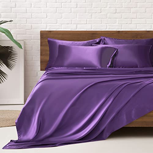 Image of MR&HM Satin Bed Sheets, King Size Sheets Set, 6 Pcs Silky Bedding Set with 15 Inches Deep Pocket for Mattress (King, Lavender)