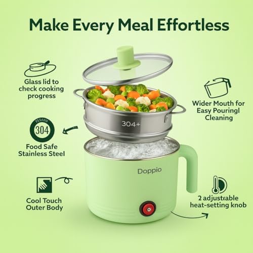 Image of Doppio Electric Multi Cook Kettle with Steamer, 1.5L Stainless Steel Inner Pot, 600W Portable Mini Cooker for Maggi, Eggs, Soup & Boiling, Compact Kitchen Appliance (Green)