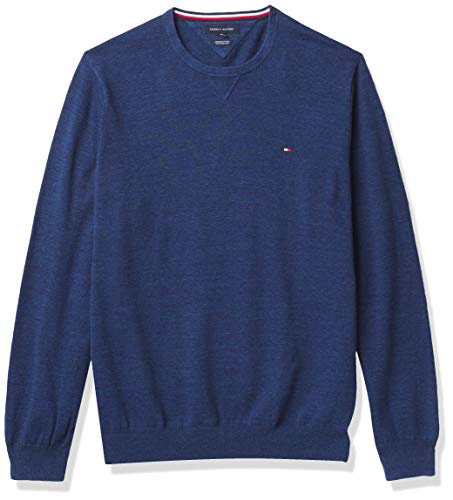 Tommy Hilfiger mens Tommy Hilfiger Men's Solid Crewneck Sweater, Es13040d Mid Denim Heather, Large US