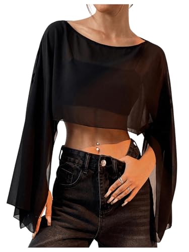 Women's Y2K Blouse Sheer Flowy Tops Crop Blouses Dressy Poncho Tops Boat Neck Long Sleeve Loose Chiffon Shirts