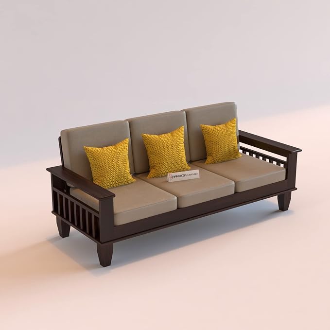 Image of Sheesham Wooden 3 Seater Sofa for Living Room | Rosewood 3 Seater Cushion Sofa with Side Newspaper Holder for Home & Office | Solid Wood Sofa Set for Lounge (Walnut)