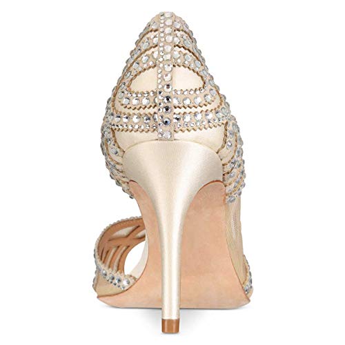XYD Women Graceful Peep Toe Half D'Orsay Mesh Pumps Crystal Studded Slip On High Heels Wedding Bride Dress Shoes4