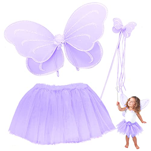 Butterfly Craze Fairy Princess Tutu Costume Set - Includes Glittery Sparkle Wings, Tutu Skirt, & Wand for Girls' Dress Up, Pretend Play & Ballet Dance Recitals, For Toddlers and Kids, Purple, Small