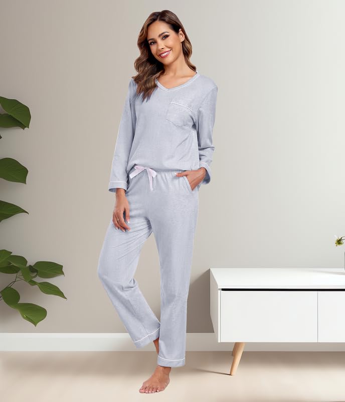 COLORFULLEAF Pijama para mujer 100% algodón largo pijama conjunto dos piezas otoño invierno pijamas manga larga traje de casa, gris, L