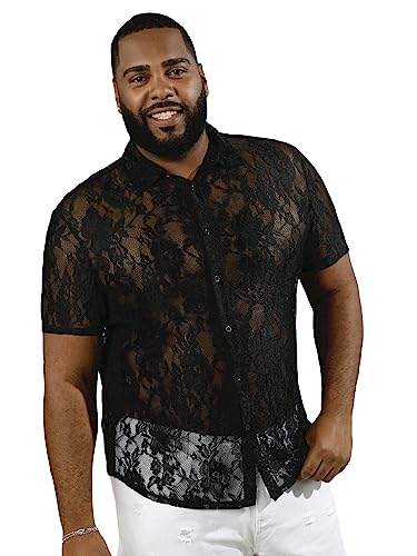WDIRARA Men's Floral Lace Shirt Contrast Mesh Button Down Shirt Short Sleeve Blouse